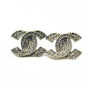 Chanel Light Gold Double CC Crystal Piercing Earrings